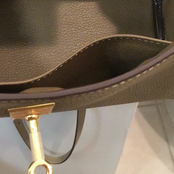 New Elegant Taupe Designer Inspired Satchel Bag with crossbody strap. - Picture 8 of 12